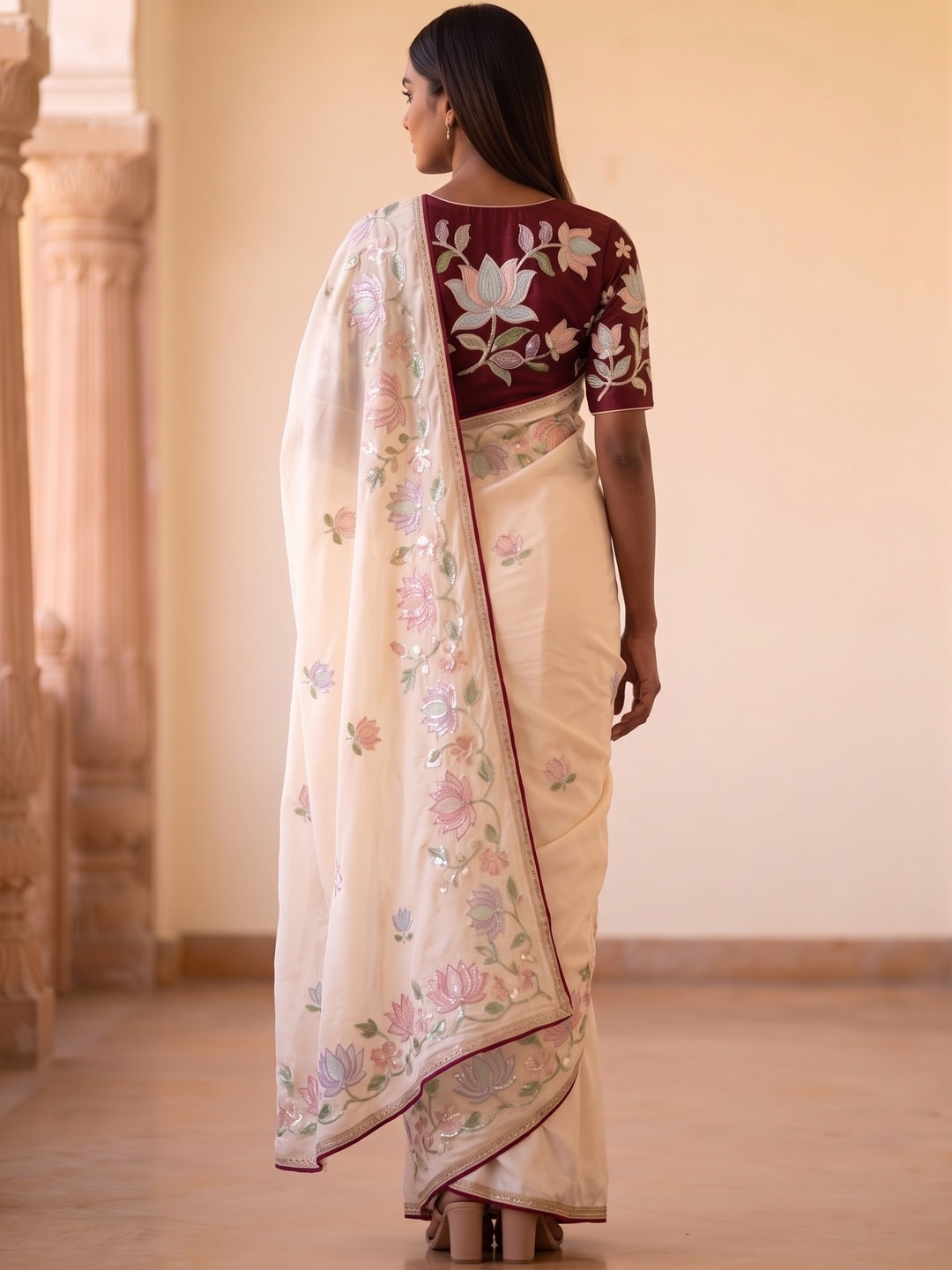 Peachmode Cream Frendy Satin Saree With Floral Sequin Embroidery And Lace Border - Image 2