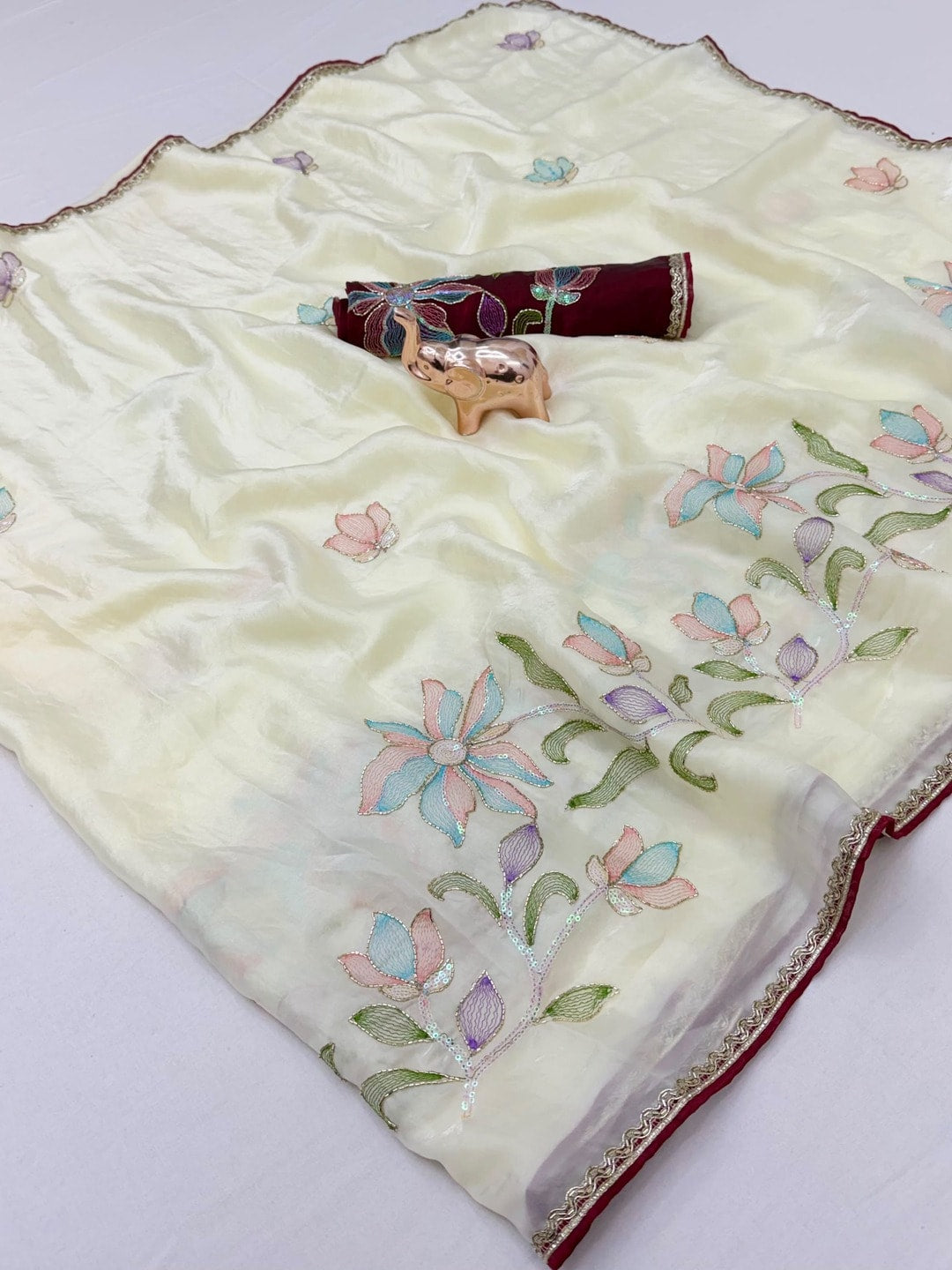 Peachmode Cream Frendy Satin Saree With Floral Sequin Embroidery And Lace Border - Image 3