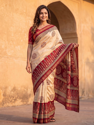 Peachmode Red Marshmallow Saree With Kalamkari Print And Woven Jacquard Border - Image 1