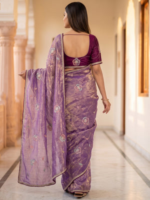 Peachmode Purple Frendy Satin Saree With Floral Sequin Embroidery And Lace Border - Image 2