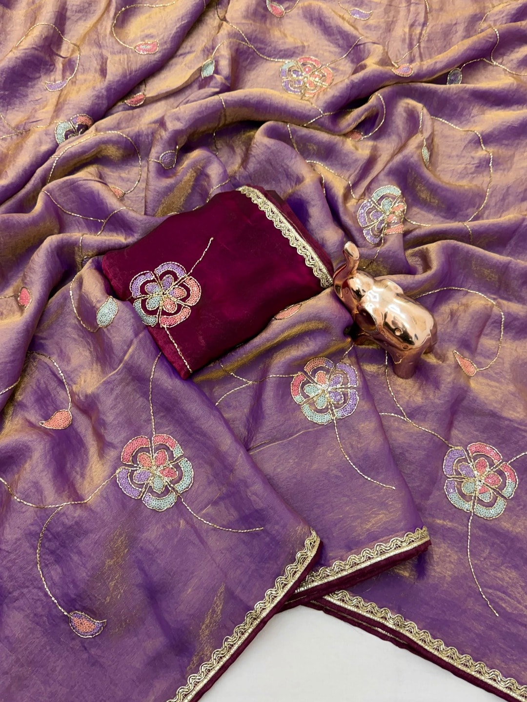 Peachmode Purple Frendy Satin Saree With Floral Sequin Embroidery And Lace Border - Image 4