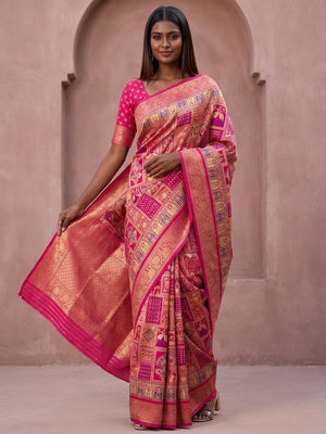 Peachmode Pink Benny Crepe Silk Saree With Position Print And Woven Jacquard Border - Image 1