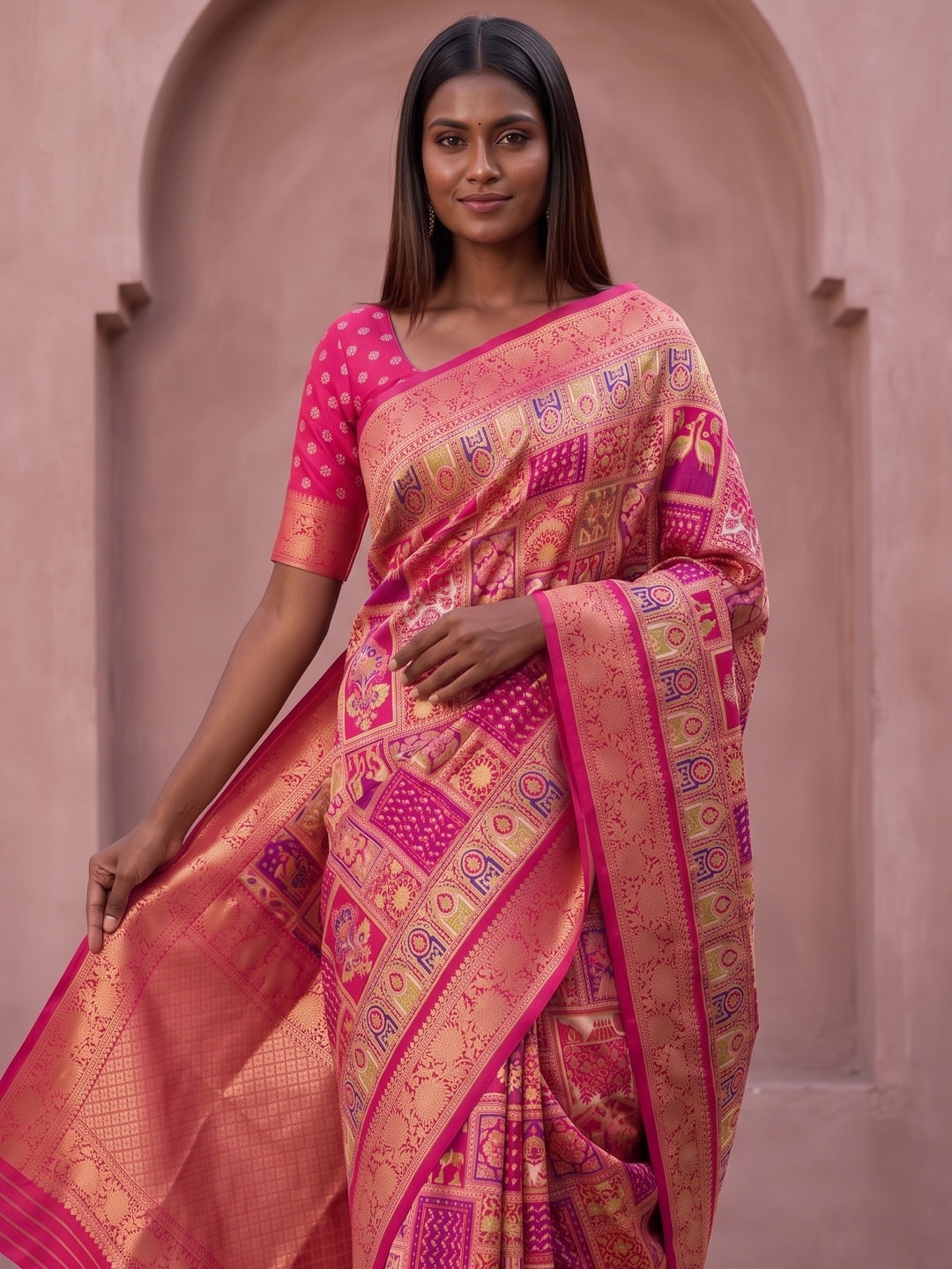 Peachmode Pink Benny Crepe Silk Saree With Position Print And Woven Jacquard Border - Image 3