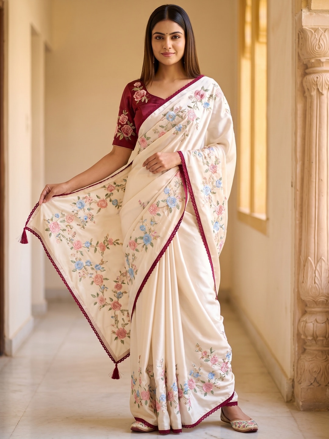Peachmode Cream Frendy Satin Saree With Floral Sequin Embroidery And Lace Border - Image 1