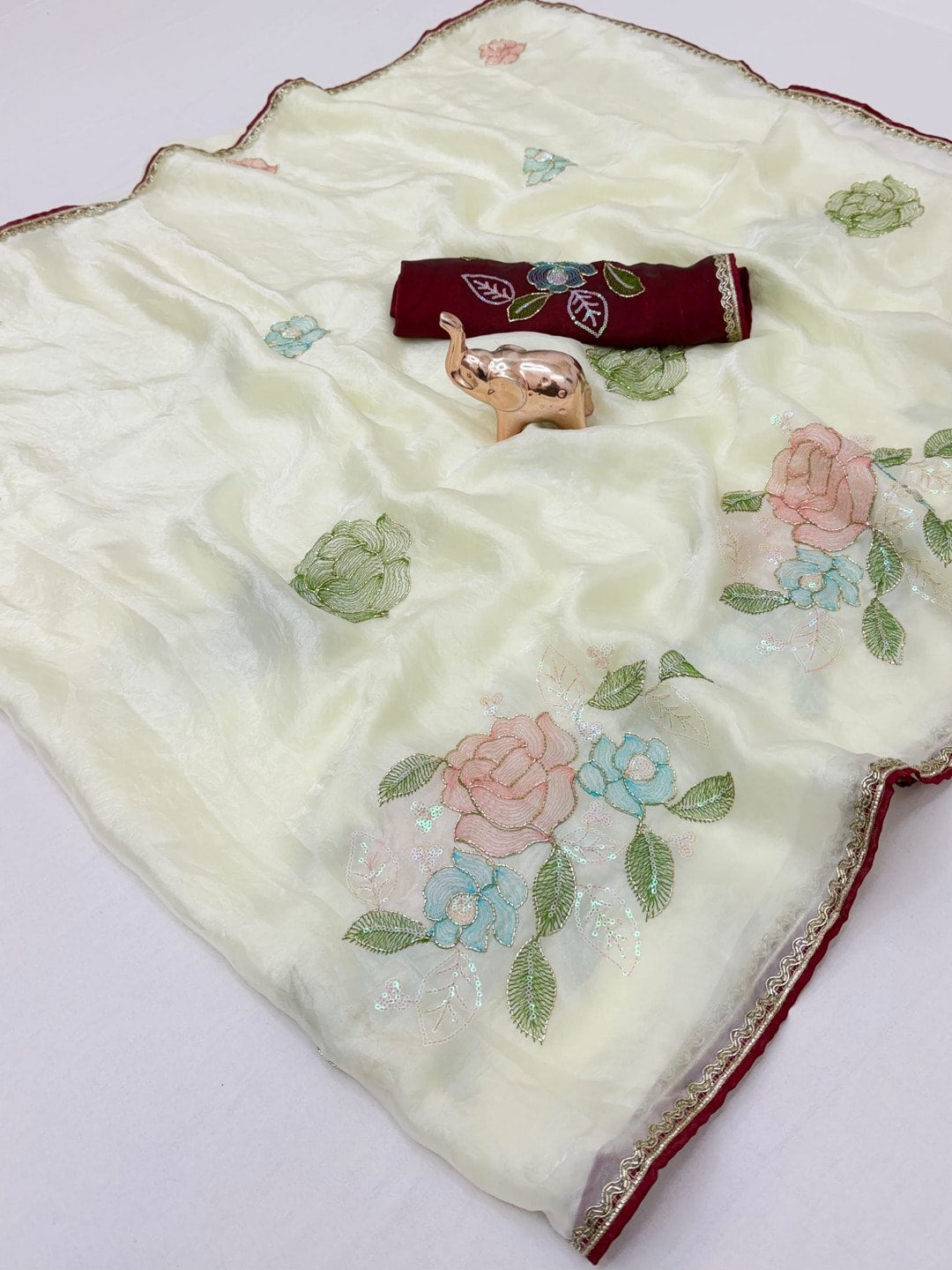 Peachmode Cream Frendy Satin Saree With Floral Sequin Embroidery And Lace Border - Image 5