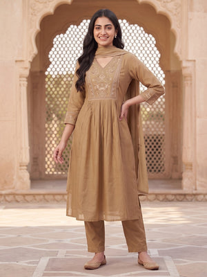 Peachmode Tan Chanderi Floral Embroidered Yoke Salwar Suit - Image 2