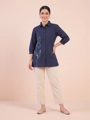 Peachmode Navy Pure Cotton Co-ord Set With Mint Leaf Line Embroidery - Image 1