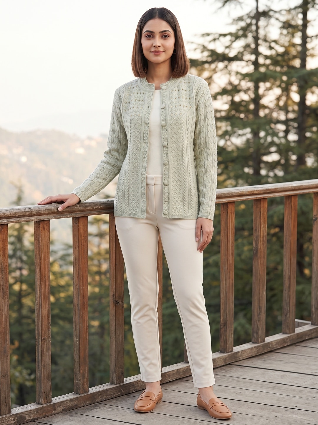 Peachmode Green Woolen Cardigan - Image 2