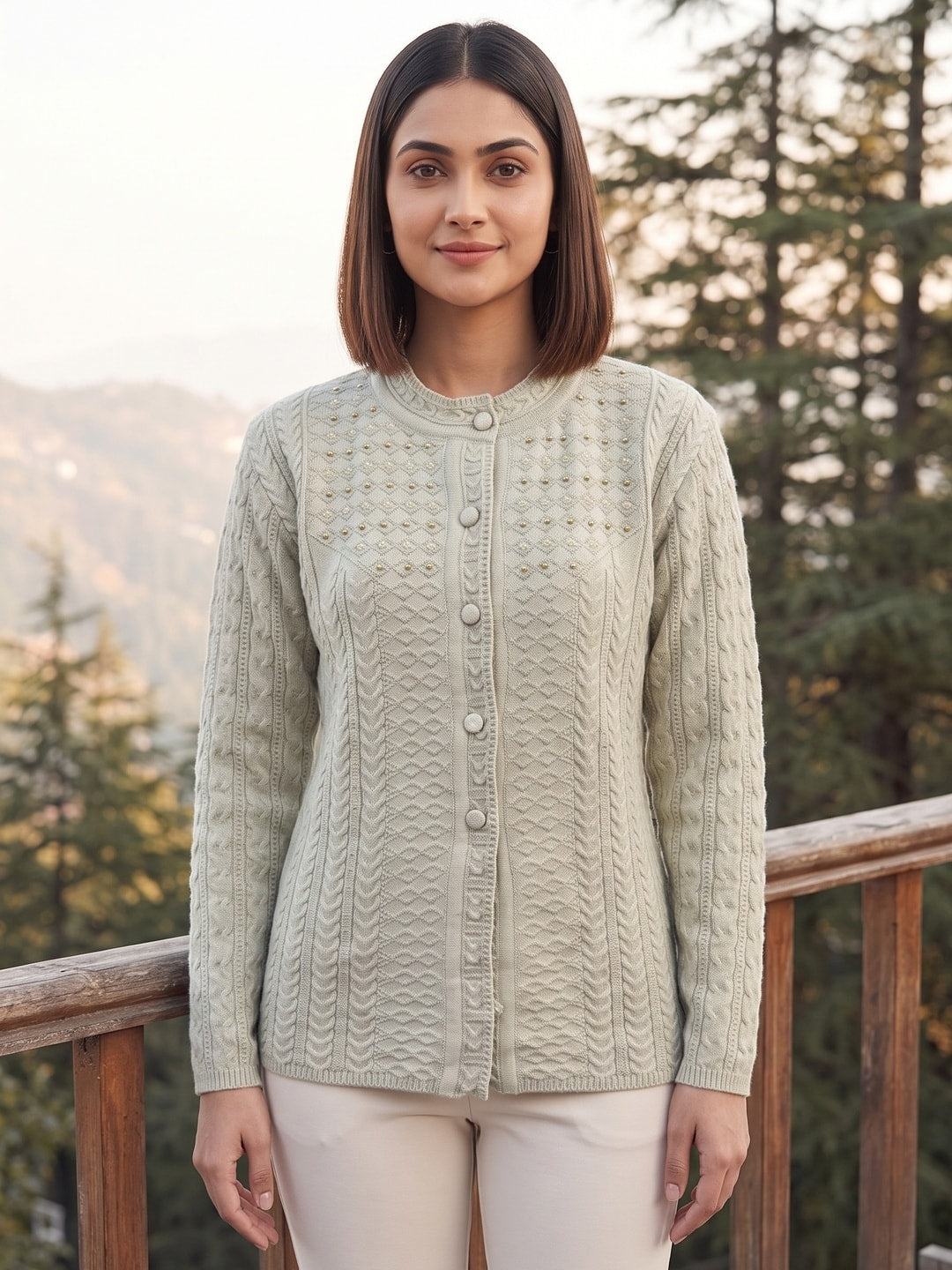 Peachmode Green Woolen Cardigan - Image 5
