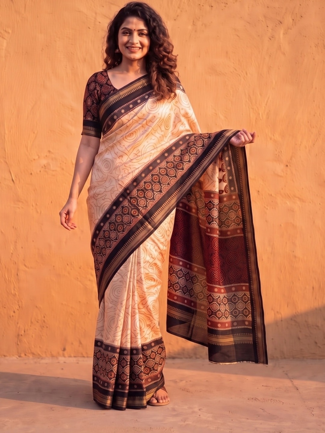 Peachmode Black Marshmallow Saree With Kalamkari Print And Woven Jacquard Border - Image 3