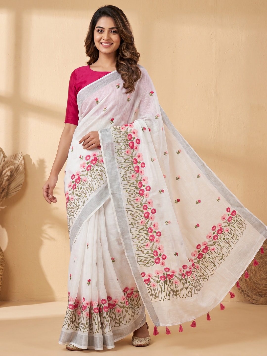 Peachmode White Floral Embroidered Linen Saree - Image 1