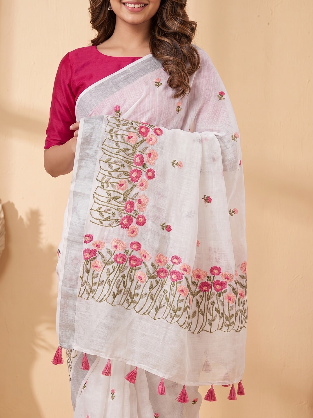 Peachmode White Floral Embroidered Linen Saree - Image 3