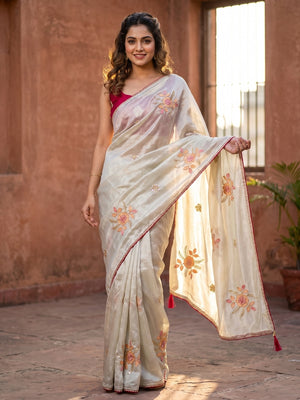 Peachmode Beige Rangoli Silk Saree With Multi Thread Floral Clusters, Magic Sequence And Lace Edge - Image 1