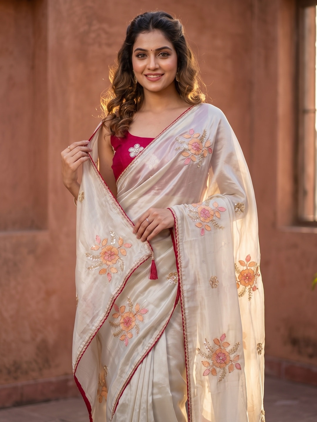 Peachmode Beige Rangoli Silk Saree With Multi Thread Floral Clusters, Magic Sequence And Lace Edge - Image 3