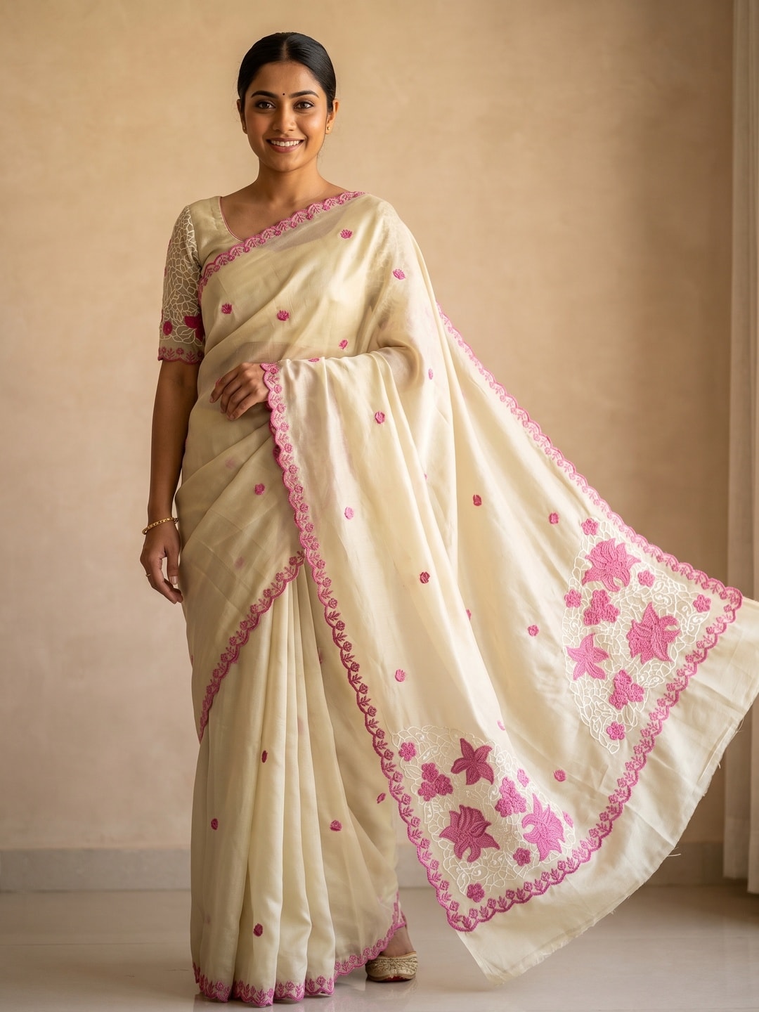 Peachmode Cream Rangoli Silk Saree With Multi Thread Work And Corner Butta - Image 1
