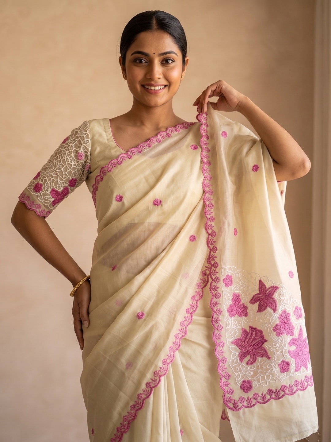 Peachmode Cream Rangoli Silk Saree With Multi Thread Work And Corner Butta - Image 2
