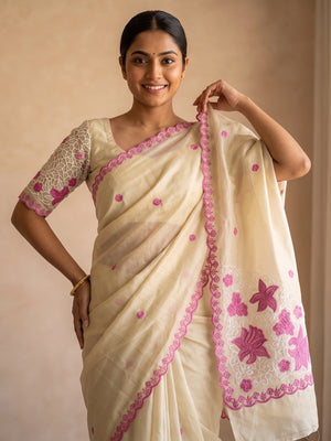 Peachmode Cream Rangoli Silk Saree With Multi Thread Work And Corner Butta - Image 2