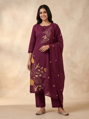 Peachmode Wine Cotton Floral Embroidered Salwar Suit - Image 1