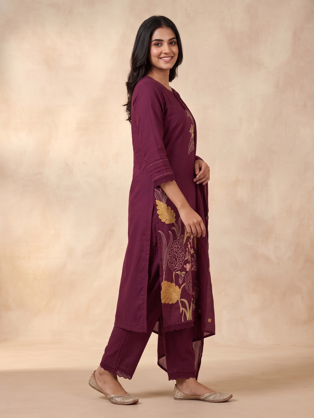 Peachmode Wine Cotton Floral Embroidered Salwar Suit - Image 3