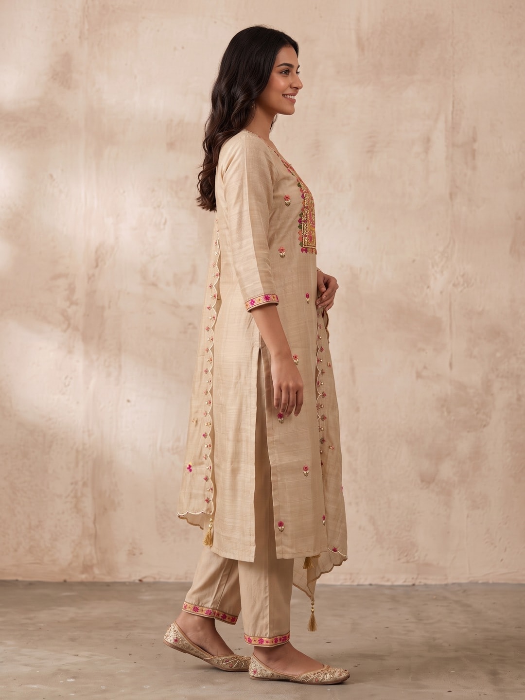 Peachmode Beige Chanderi Silk Embroidered Yoke Salwar Suit - Image 3