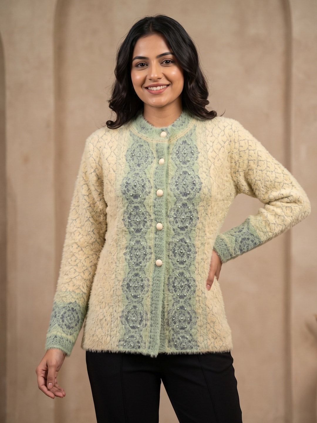 Peachmode Beige Woolen Cardigan - Image 1