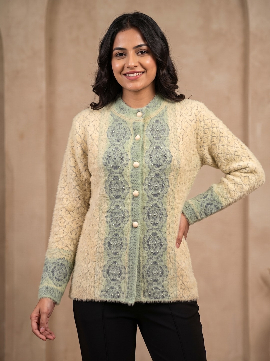Peachmode Beige Woolen Cardigan - Image 5