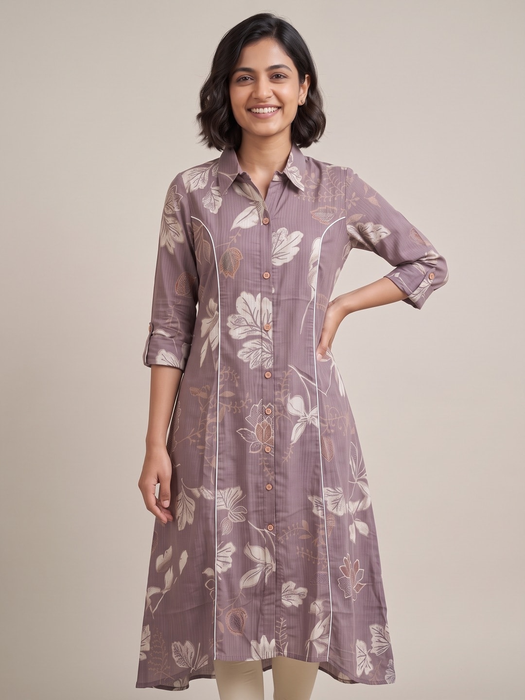 Peachmode Lavender Floral Print Viscose Blend Shirt Kurti - Image 1