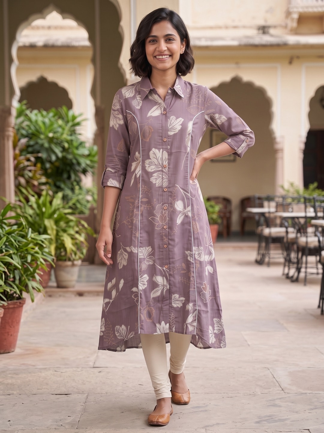 Peachmode Lavender Floral Print Viscose Blend Shirt Kurti - Image 2