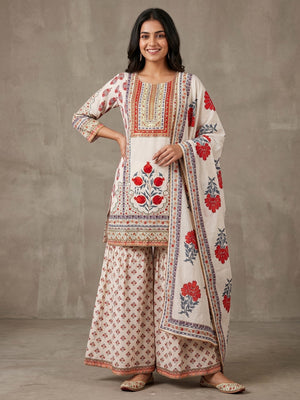 Peachmode Off White Pure Cotton Floral Printed Salwar Suit Set - Image 1