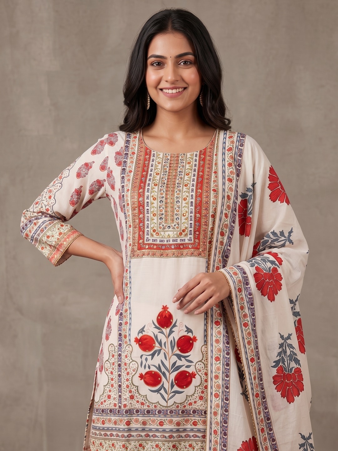 Peachmode Off White Pure Cotton Floral Printed Salwar Suit Set - Image 5