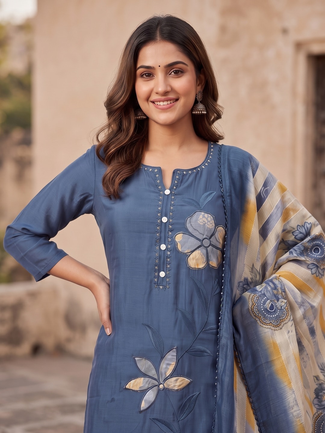 Peachmode Blue Mul Chanderi Applique Floral Salwar Suit - Image 5