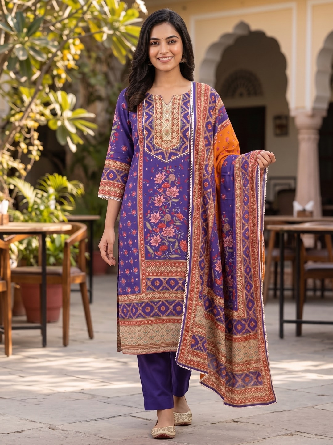 Peachmode Blue Muslin Printed Salwar Suit With Embroidered Yoke - Image 2