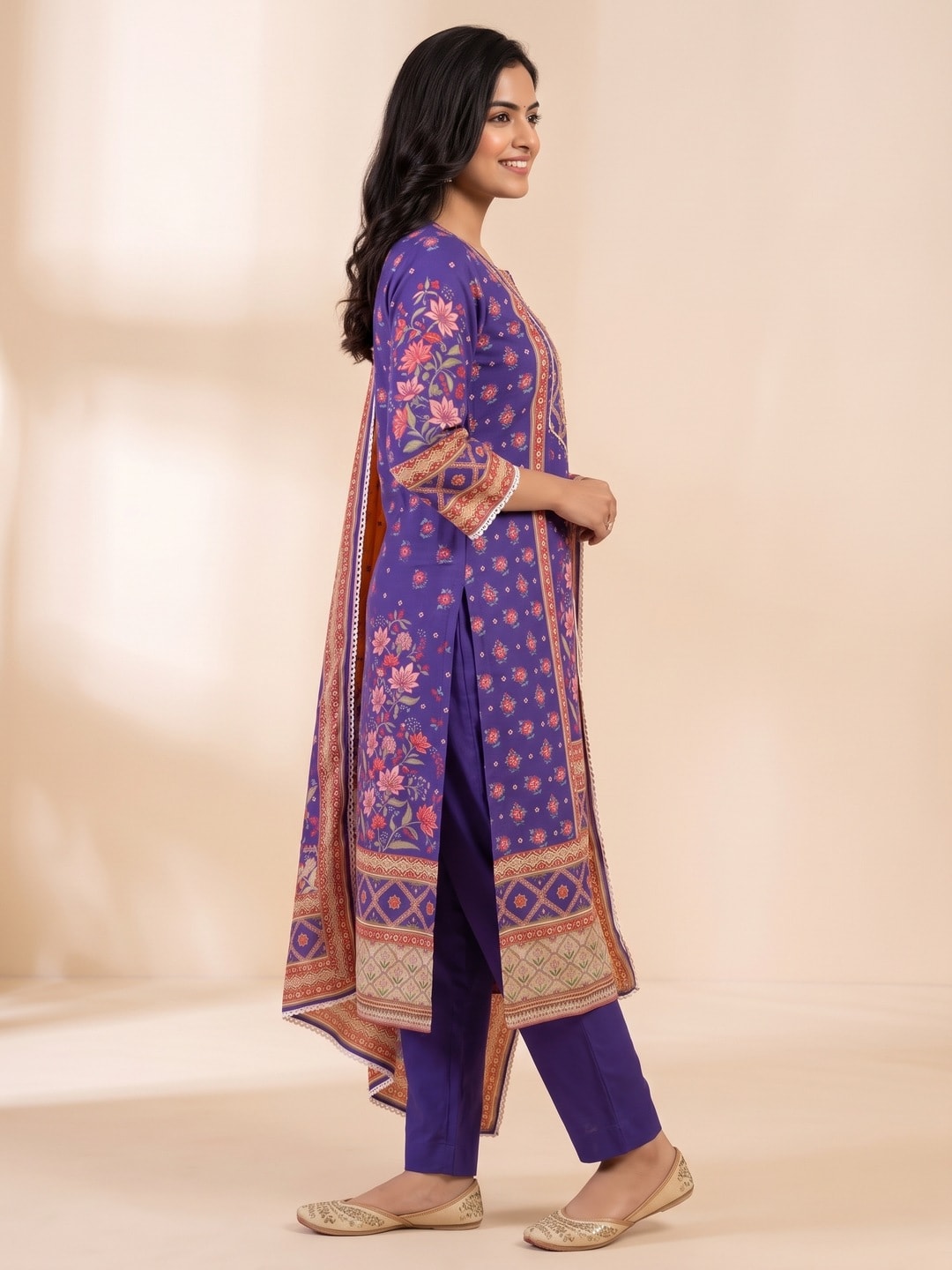 Peachmode Blue Muslin Printed Salwar Suit With Embroidered Yoke - Image 3