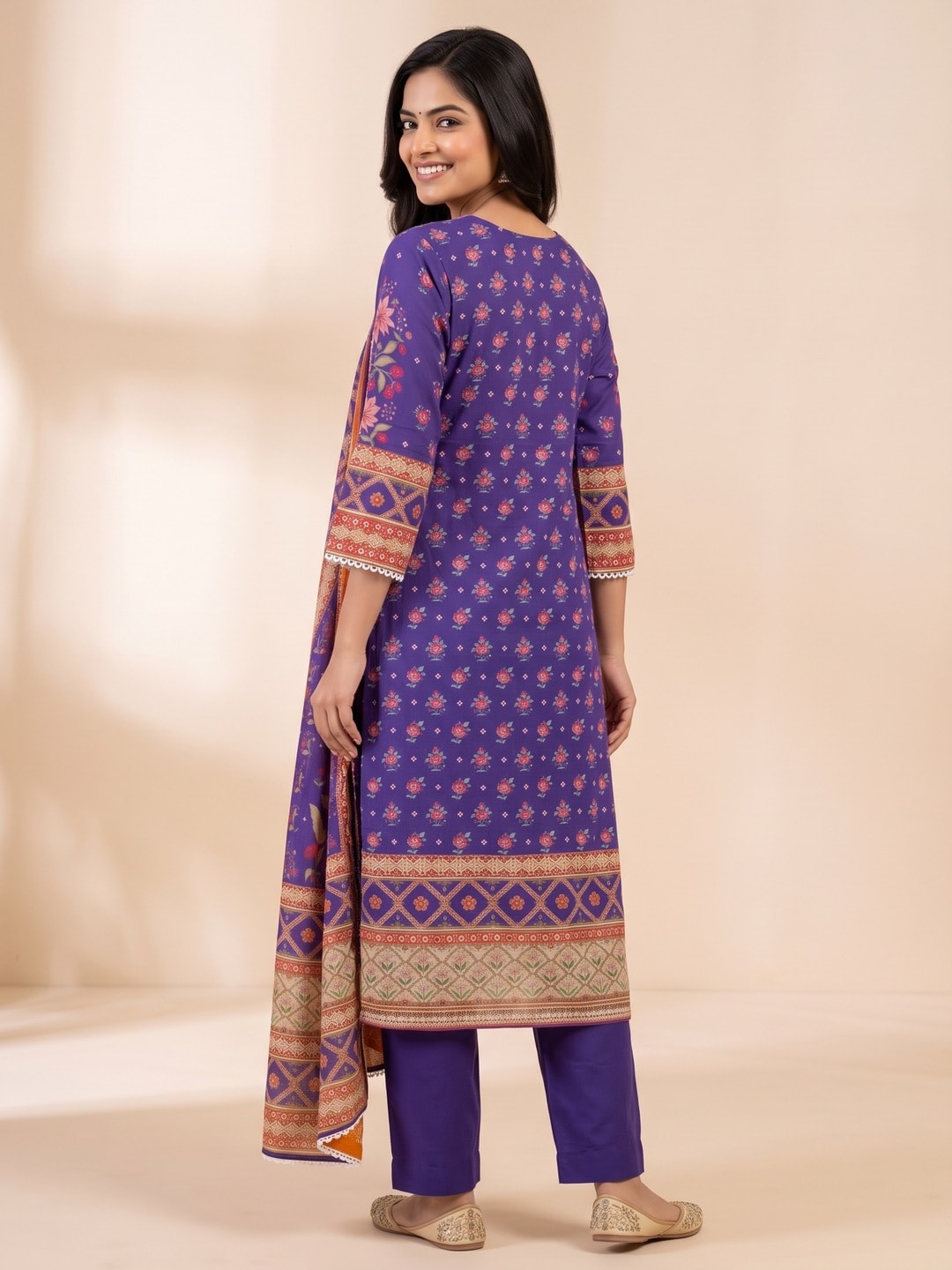 Peachmode Blue Muslin Printed Salwar Suit With Embroidered Yoke - Image 4