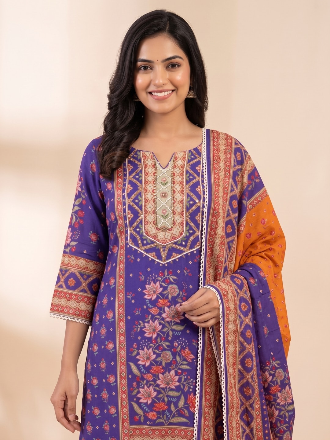 Peachmode Blue Muslin Printed Salwar Suit With Embroidered Yoke - Image 5