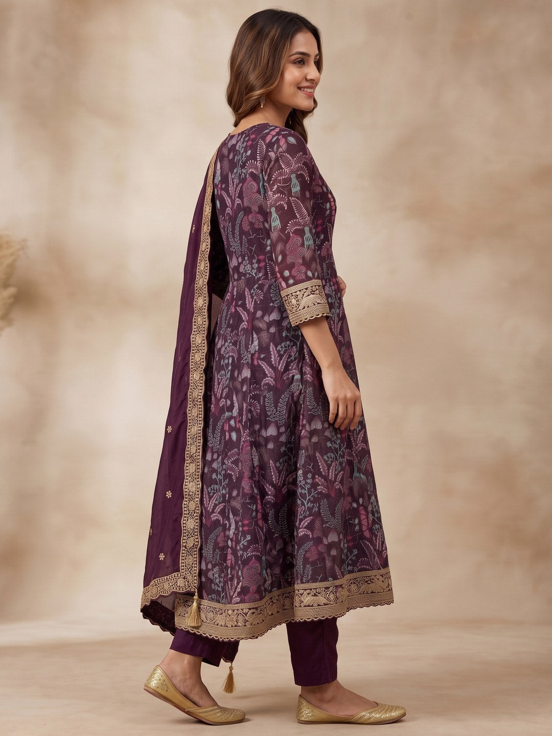 Peachmode Wine Chinon Blend Printed Anarkali Salwar Suit With Embroidered Dupatta - Image 3