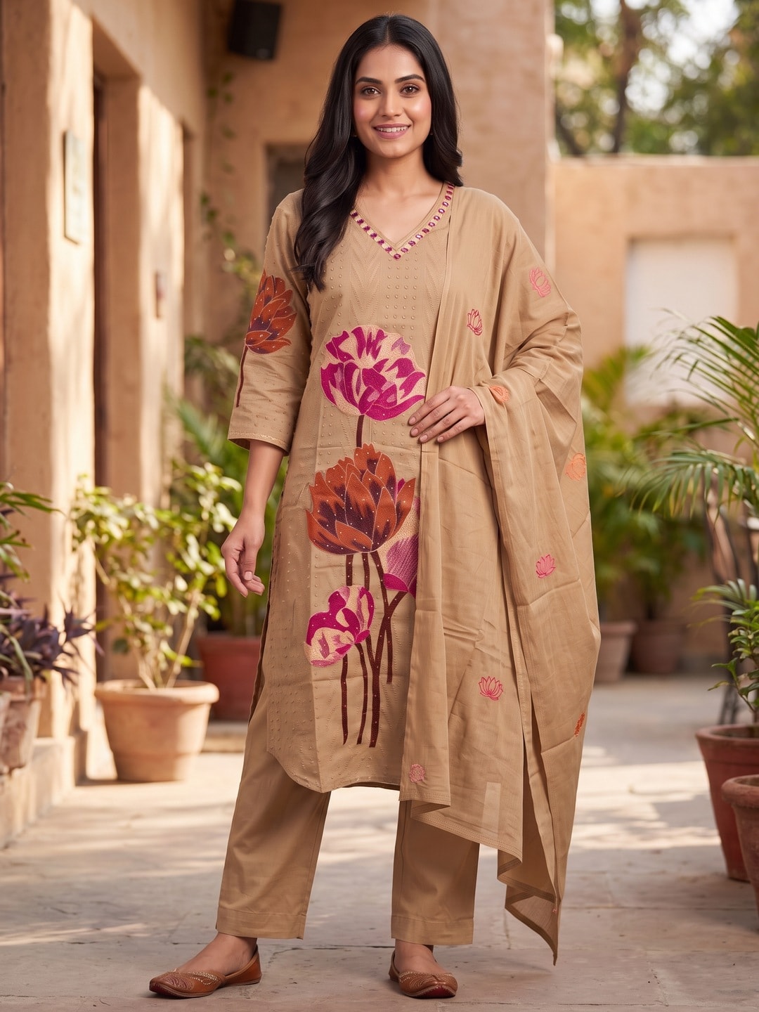 Peachmode Beige Cotton Dobby Salwar Suit With Lotus Applique - Image 2