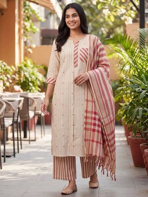 Peachmode Cream Cotton Striped Salwar Suit - Image 2