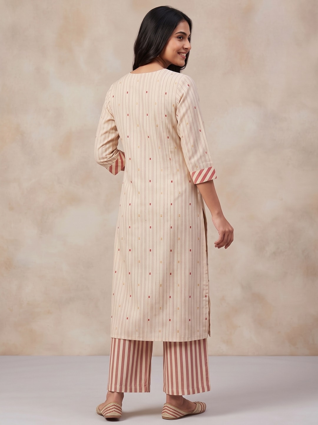 Peachmode Cream Cotton Striped Salwar Suit - Image 4