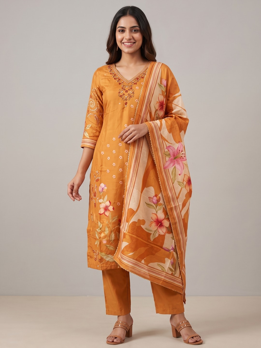 Peachmode Orange Muslin Embroidered Neck Salwar Suit - Image 1