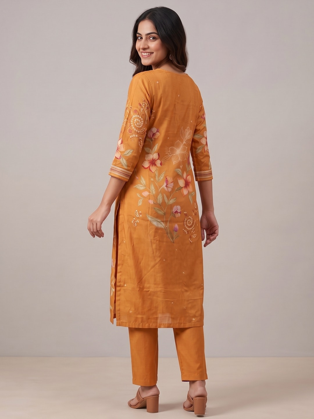 Peachmode Orange Muslin Embroidered Neck Salwar Suit - Image 4