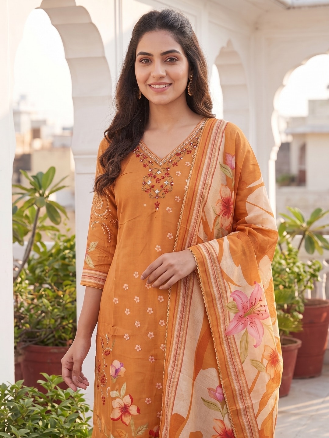 Peachmode Orange Muslin Embroidered Neck Salwar Suit - Image 5