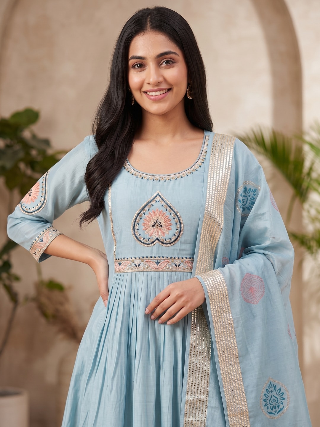 Peachmode Sky Blue Chanderi Silk Salwar Suit With Heart Motif Yoke - Image 4