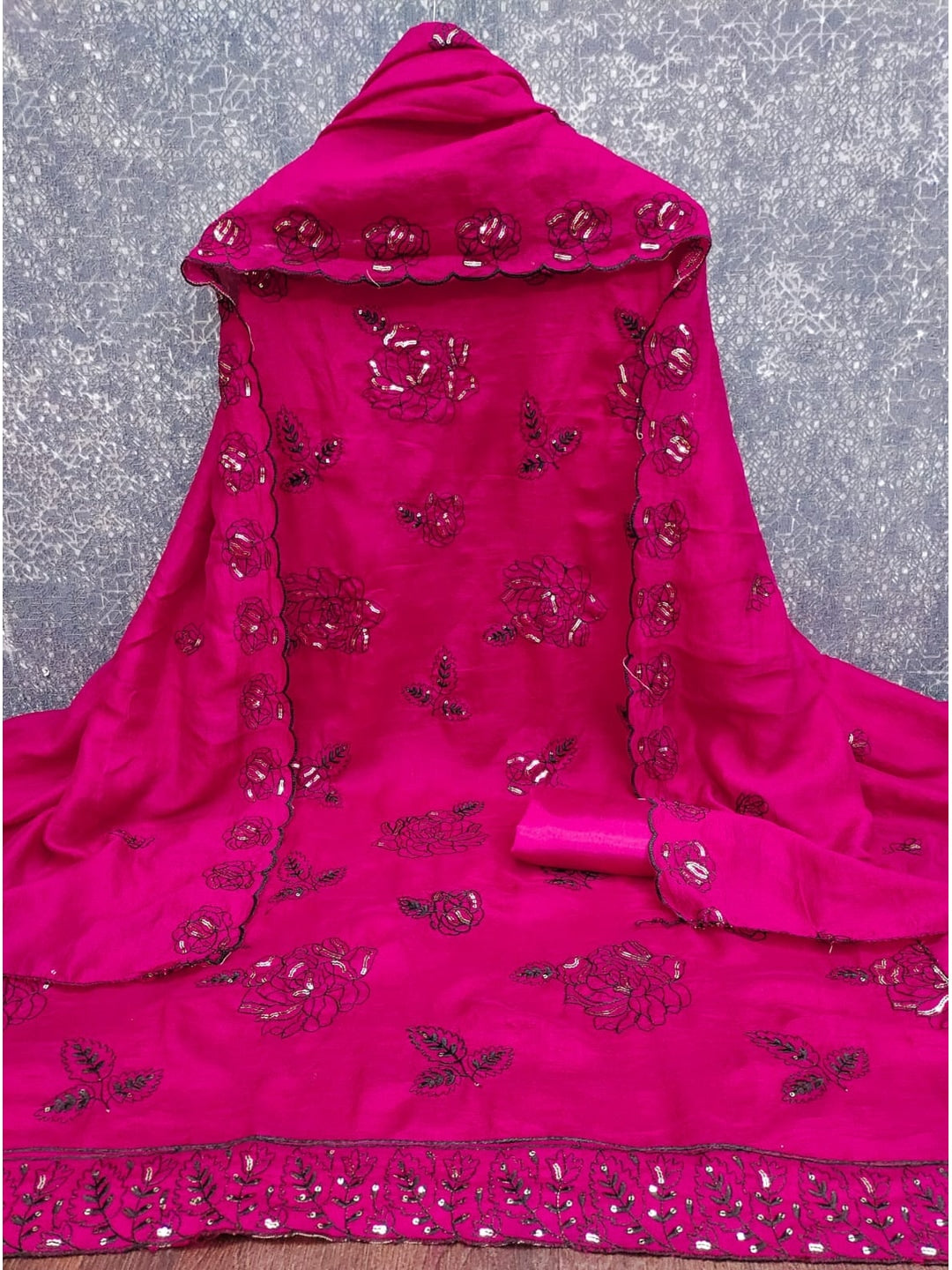 Peachmode Rani Pink Vichitra Silk Unstitched Dress Material With Black Floral Sequence Work And Scalloped Embroidered Dupatta - Image 5