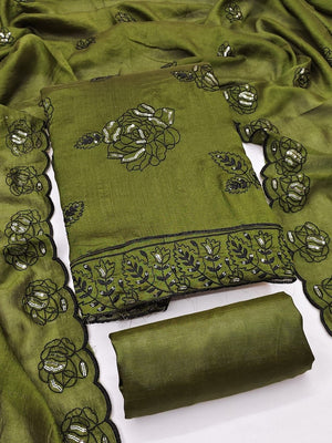 Peachmode Mehndi Green Vichitra Silk Unstitched Dress Material With Black Floral Sequence Work And Scalloped Embroidered Dupatta - Image 1
