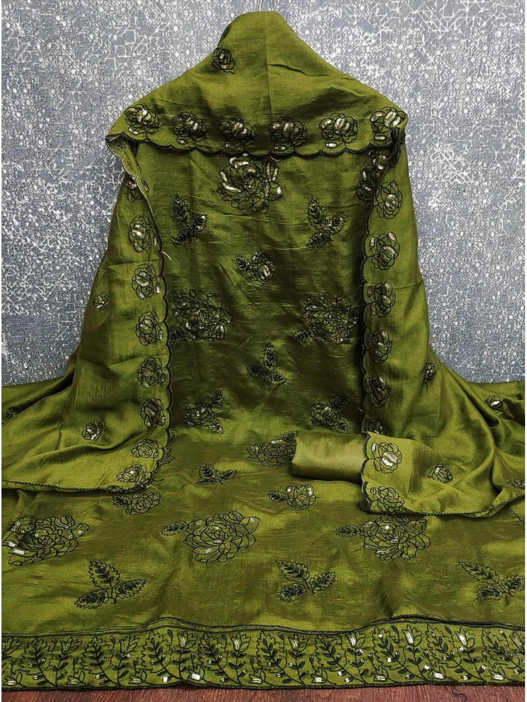 Peachmode Mehndi Green Vichitra Silk Unstitched Dress Material With Black Floral Sequence Work And Scalloped Embroidered Dupatta - Image 5