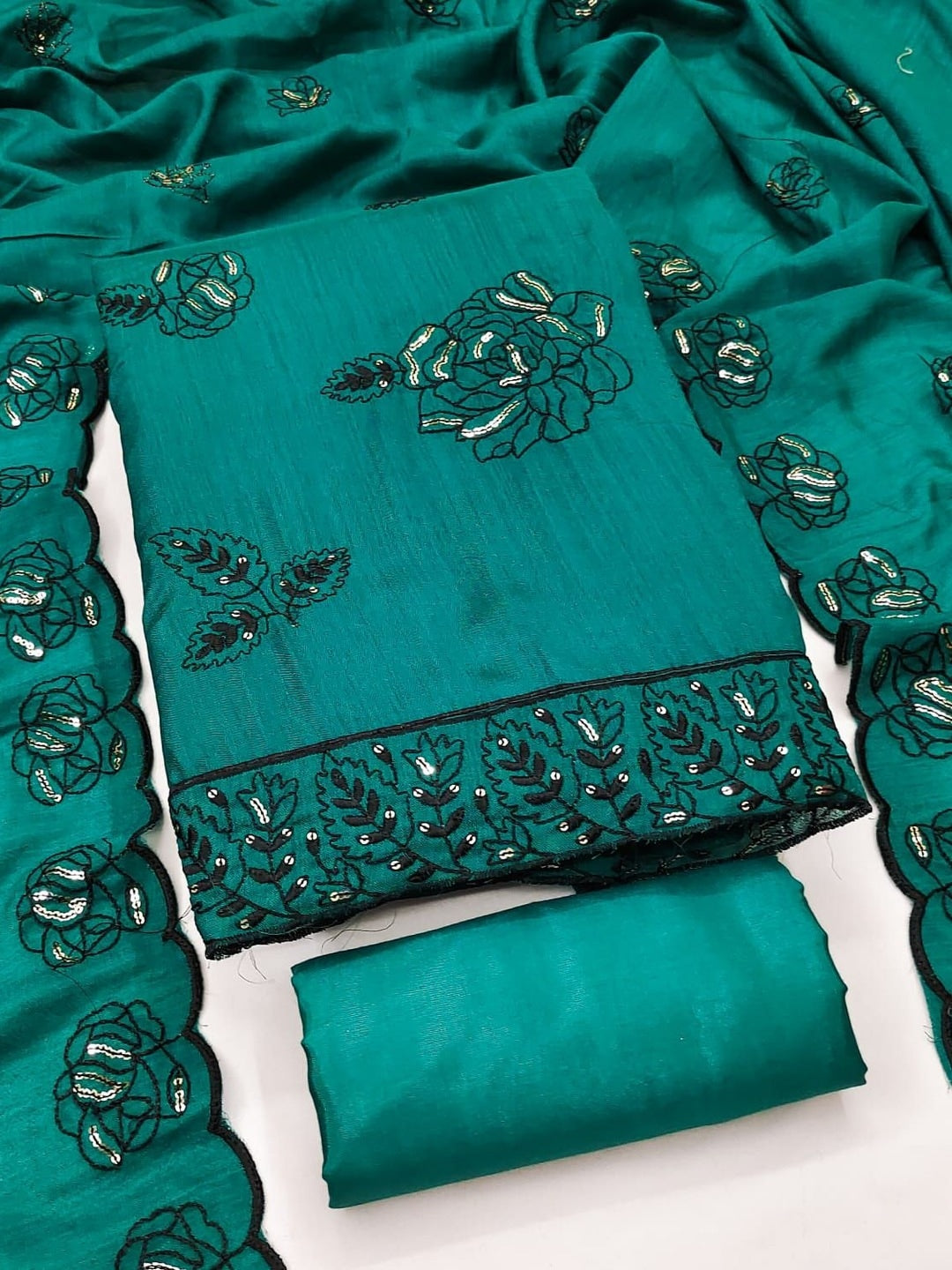 Peachmode Teal Vichitra Silk Unstitched Dress Material With Black Floral Sequence Work And Scalloped Embroidered Dupatta - Image 1