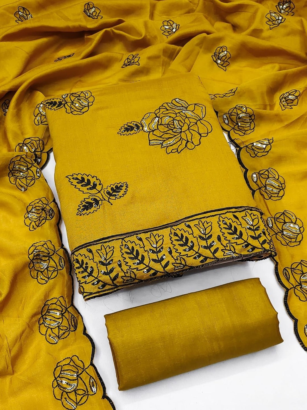 Peachmode Mustard Vichitra Silk Unstitched Dress Material With Black Floral Sequence Work And Scalloped Embroidered Dupatta - Image 1
