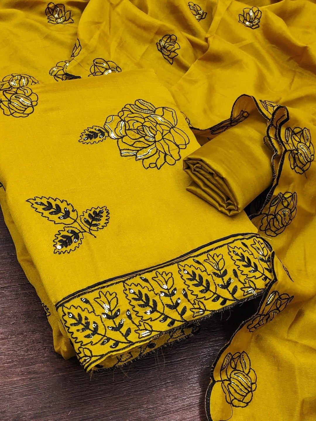 Peachmode Mustard Vichitra Silk Unstitched Dress Material With Black Floral Sequence Work And Scalloped Embroidered Dupatta - Image 4