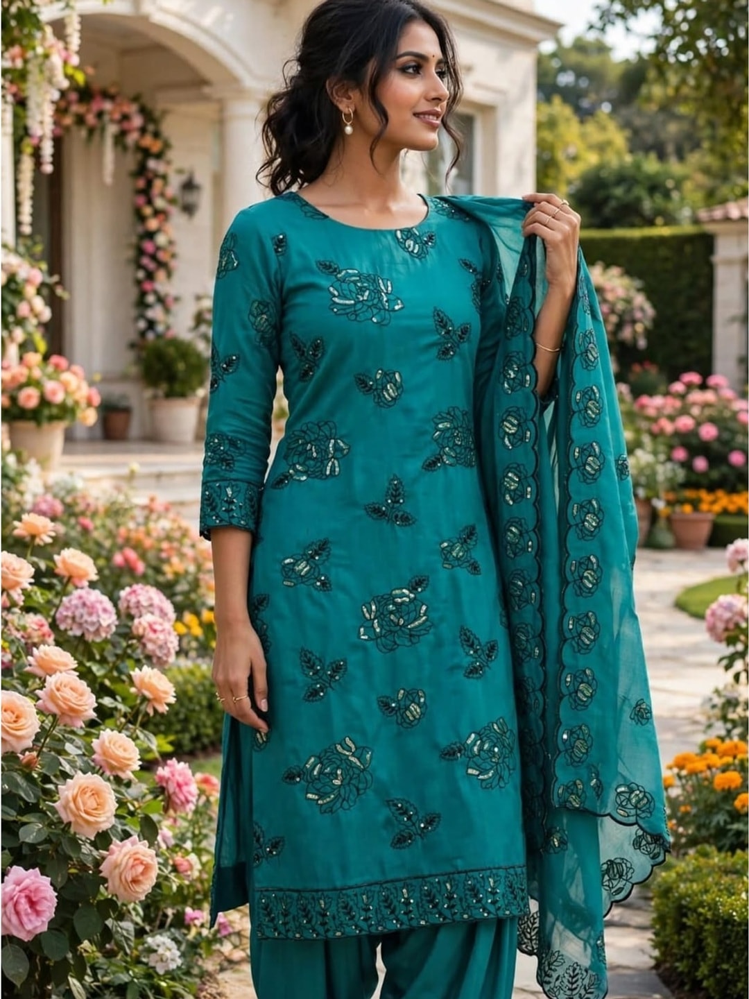 Peachmode Teal Vichitra Silk Unstitched Dress Material With Black Floral Sequence Work And Scalloped Embroidered Dupatta - Image 2
